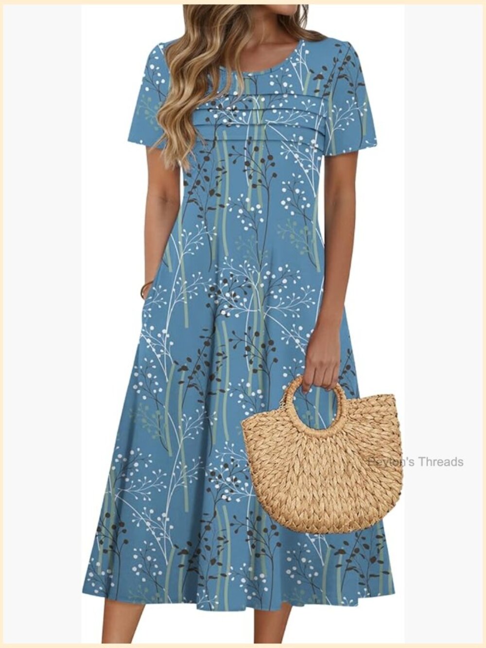 Short Sleeve Flare Midi Dress Pleated Front with Pockets